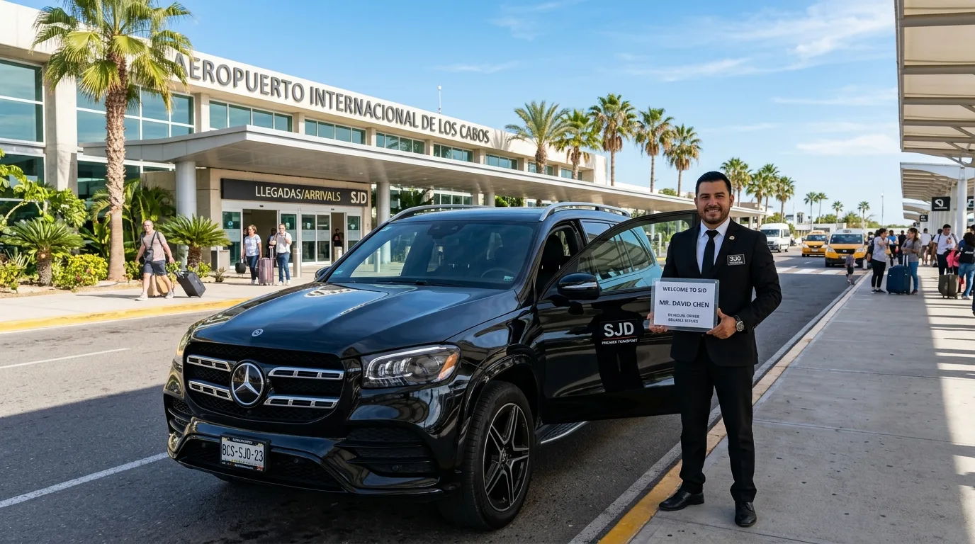 Luxury SUV and professional driver providing airport car service in San Jose del Cabo at SJD Airport.