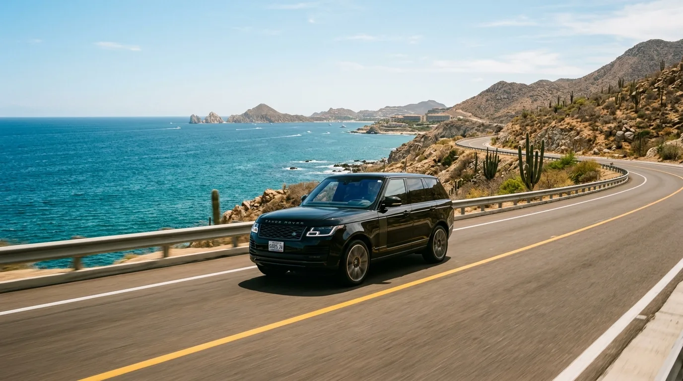 Luxury SUV driving along the Los Cabos coastal highway from SJD airport to Cabo San Lucas.