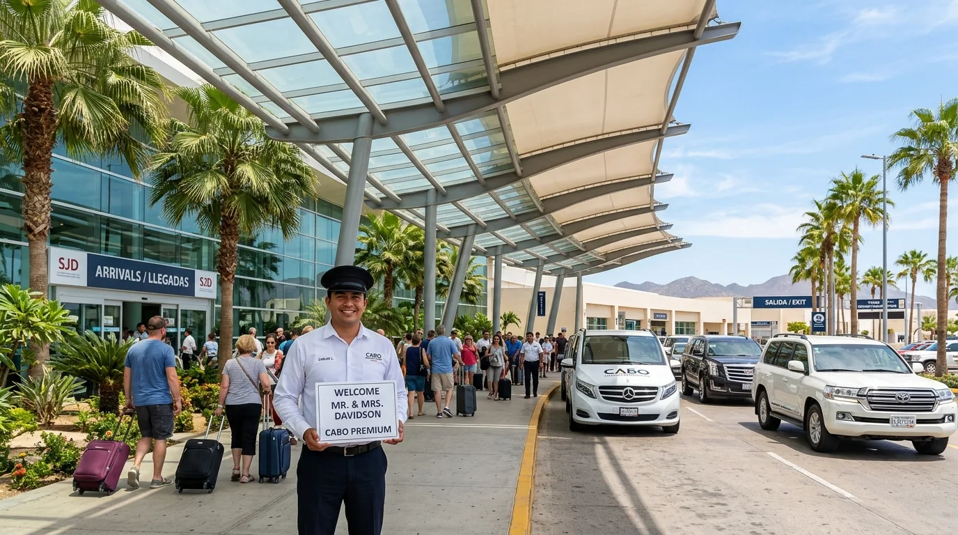 SJD Airport outdoor arrival exit with driver welcoming incoming passengers to Los Cabos.