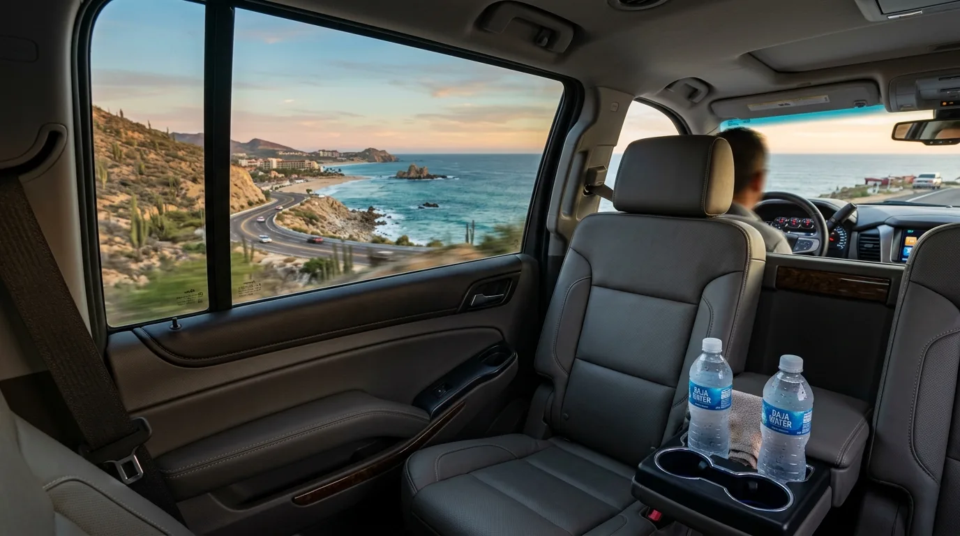 Interior of modern private transfer vehicle with cold drinks on the highway to Cabo San Lucas.