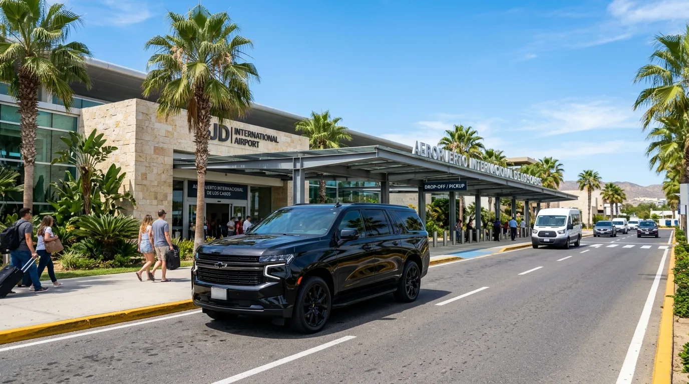 Luxury private transportation vehicle parked outside SJD airport terminal in Los Cabos