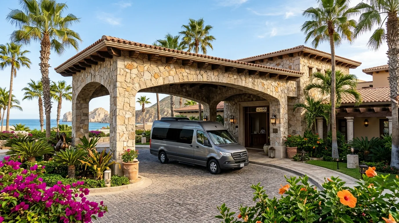 Resort Private Transfer Arrival in Cabo Executive sprinter van arriving at a private luxury resort in Los Cabos