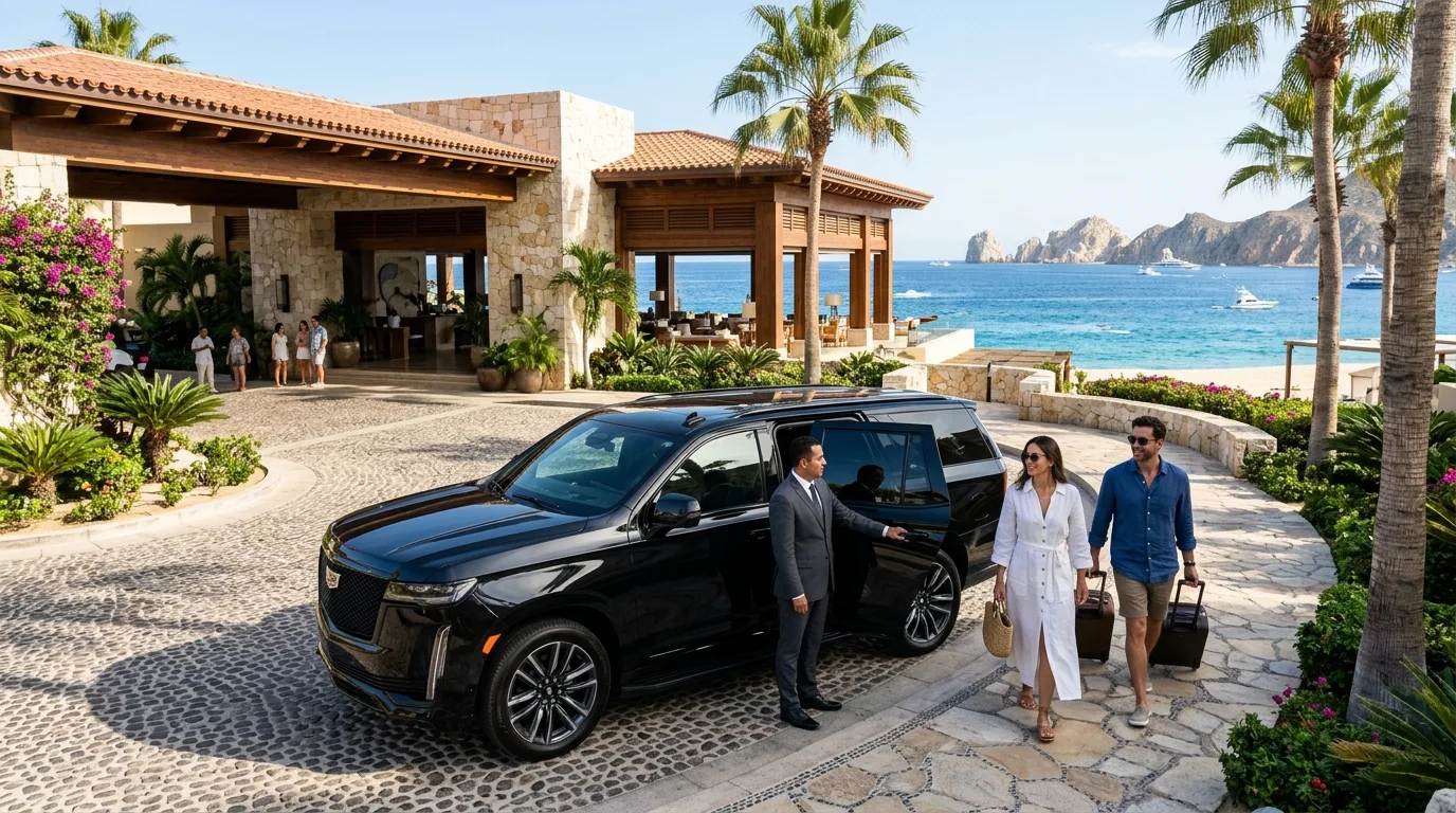 Luxury SUV arriving at a Los Cabos hotel beachfront resort entrance providing private airport transportation service