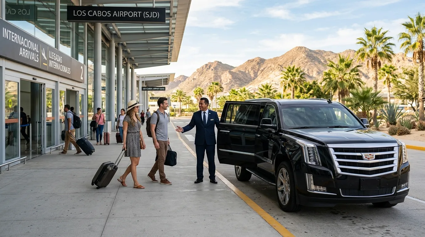 Luxury private SUV awaiting passengers at SJD International Airport arrival terminal for private transfer to Cabo San Lucas.