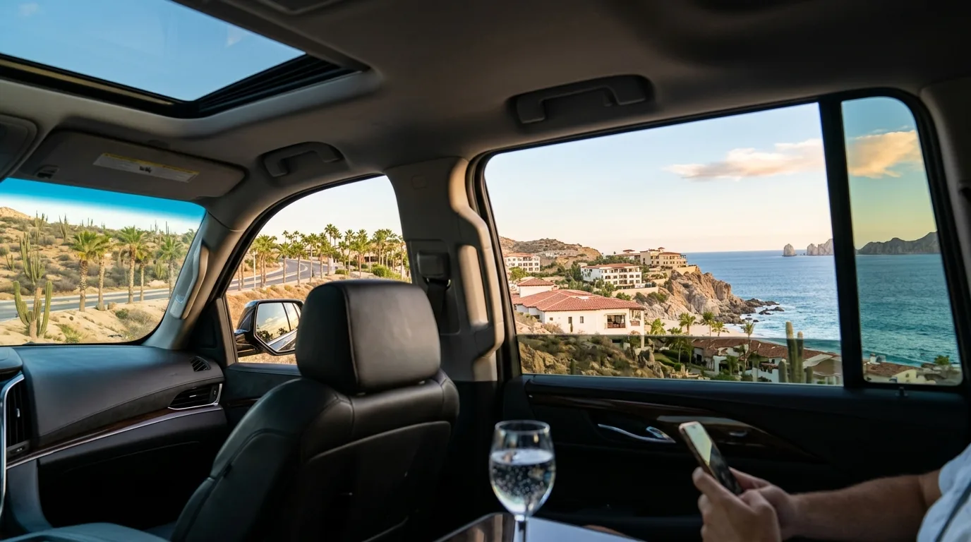 Private passenger van driving along the coastal highway toward Cabo San Lucas resorts.