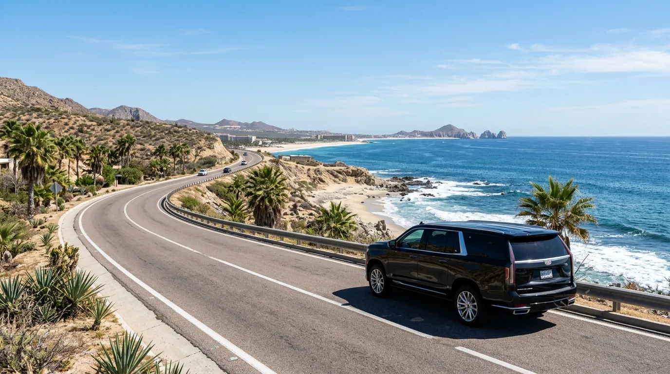 Luxury private SUV driving along the scenic Tourist Corridor highway in Los Cabos Mexico.