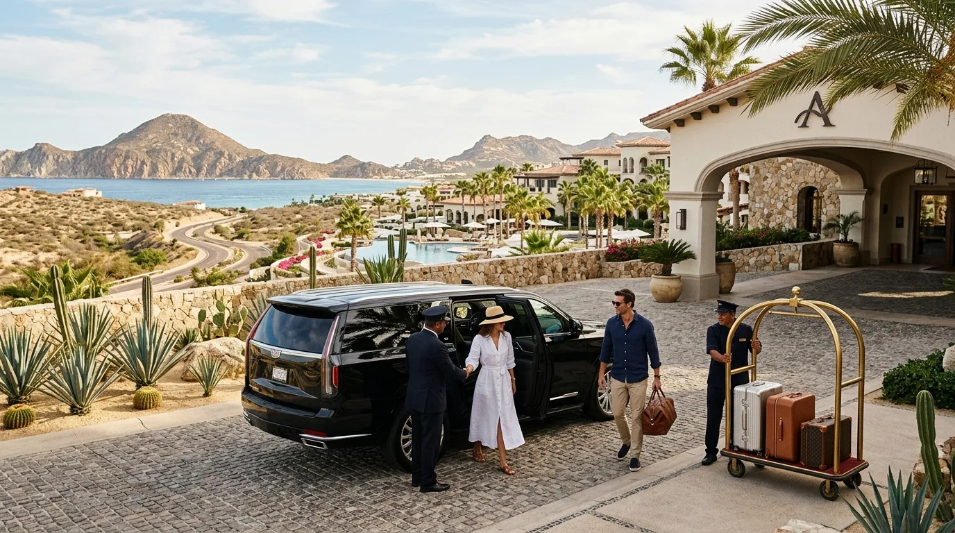 Private Passenger Van Transfer Tourist Corridor Hotel Drop-Off Private luxury passenger van arriving at a Tourist Corridor resort entrance in Los Cabos.