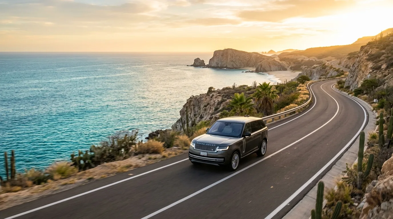 Luxury SUV driving along the Los Cabos coastal highway toward Cabo San Lucas