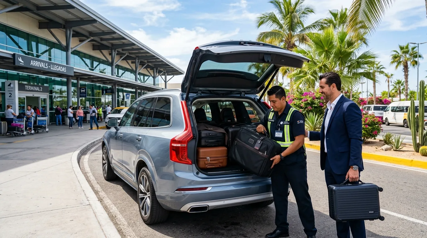 Chauffeur loading luggage into a private luxury transport SUV at SJD airport terminal