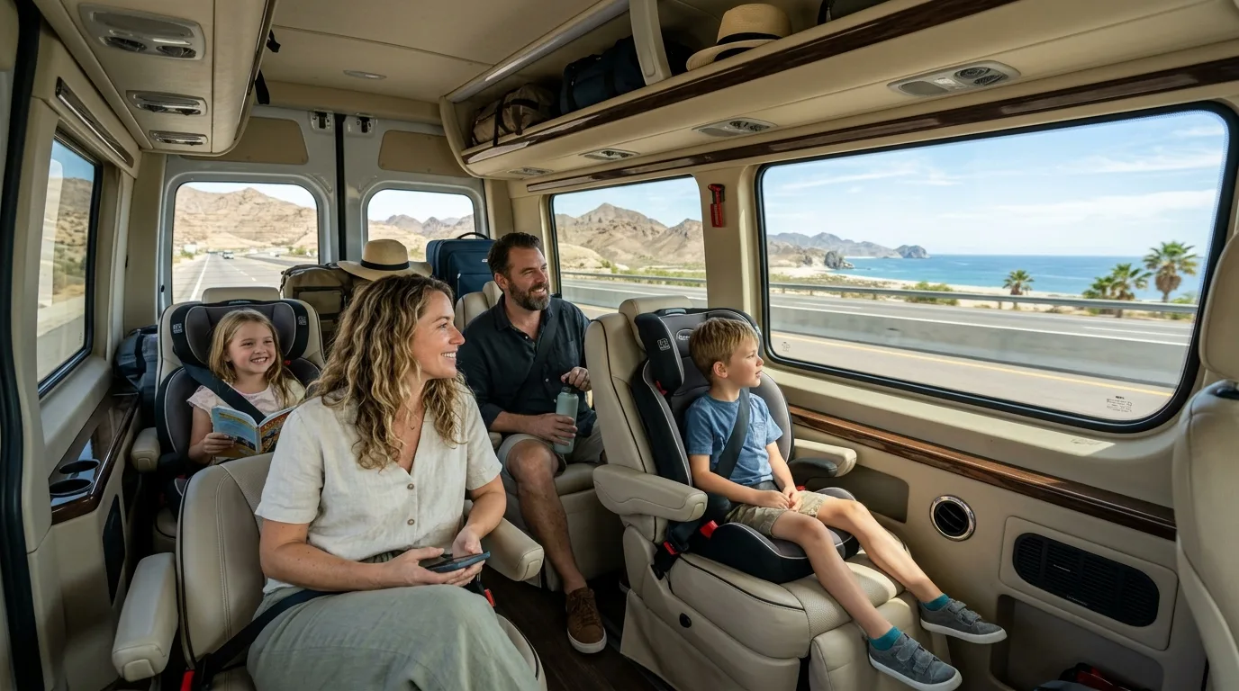 Passengers relaxing inside a modern private transfer vehicle traveling through Los Cabos