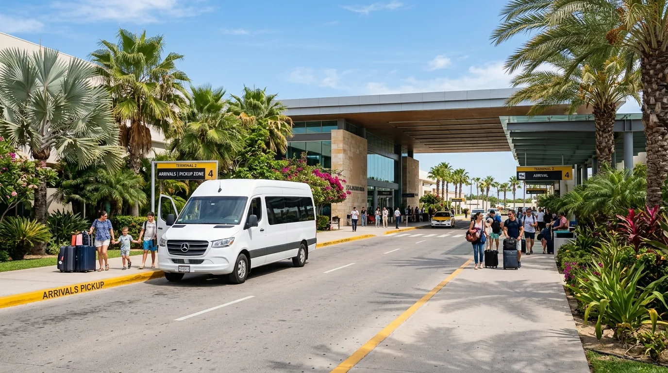 SJD airport ground transportation arrival zone with palm trees and modern luxury vehicle