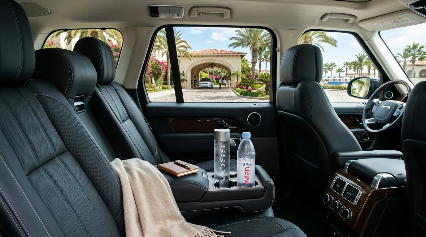 Interior view of a clean luxury vehicle back seat with complimentary chilled water bottles