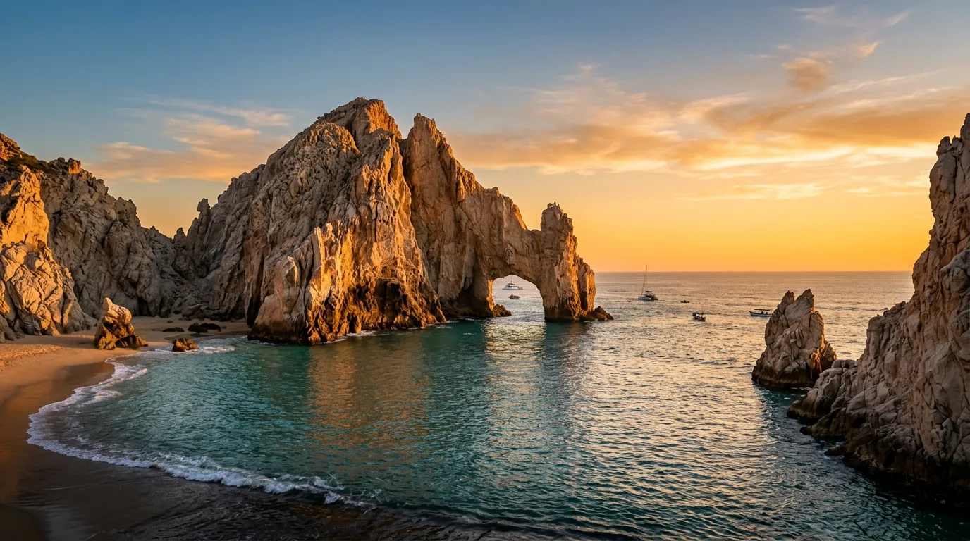 Scenic view of the famous El Arco rock formation in Cabo San Lucas during sunset