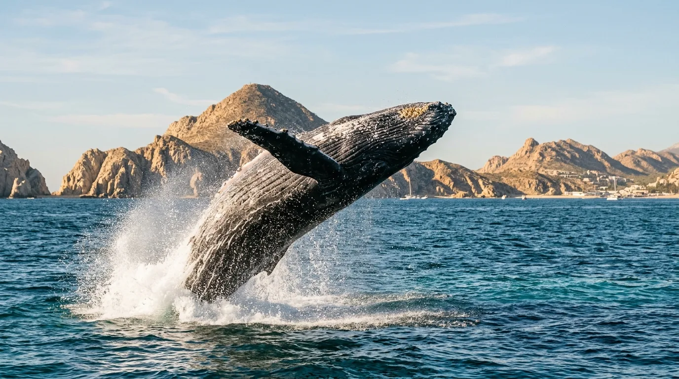 A humpback whale breaching out of the ocean in Los Cabos during winter whale watching season