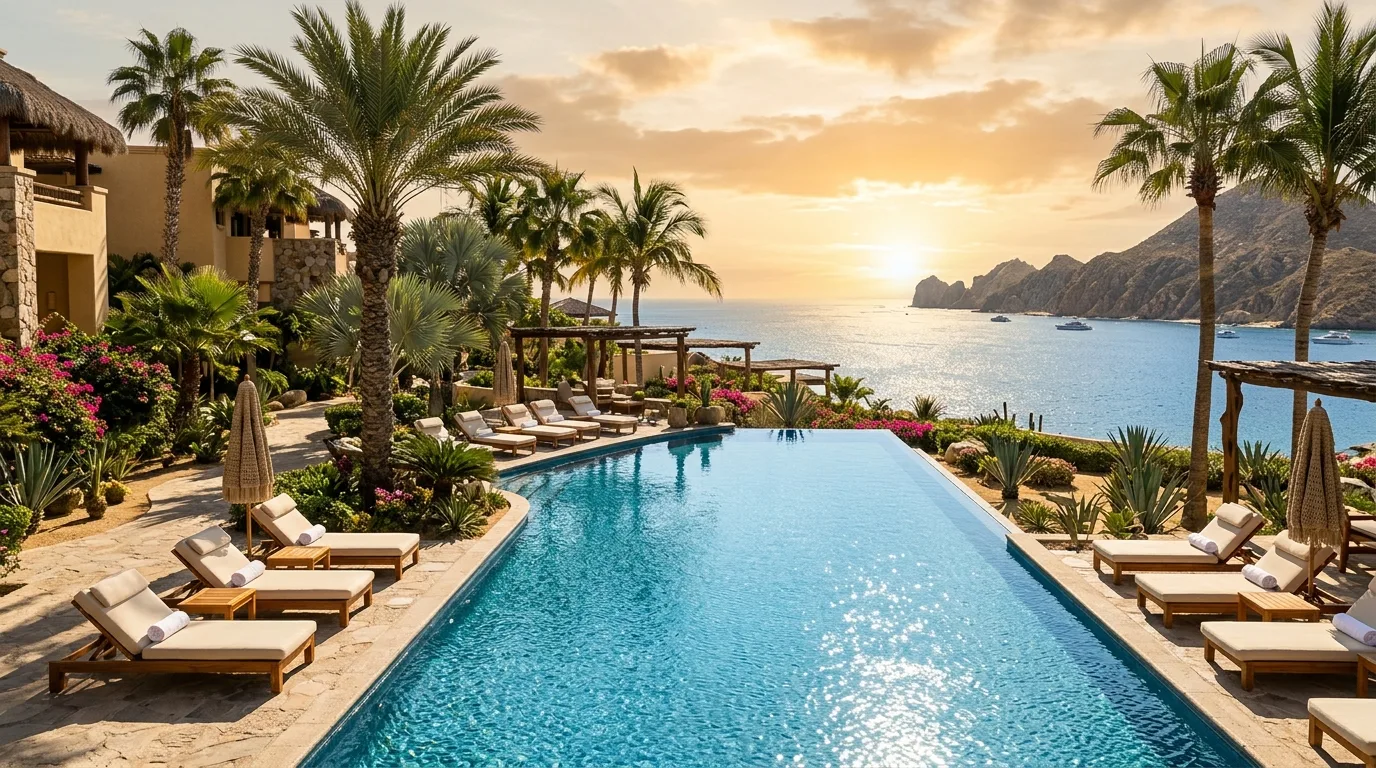 Luxury resort pool deck and palm trees overlooking the ocean in San Jose del Cabo