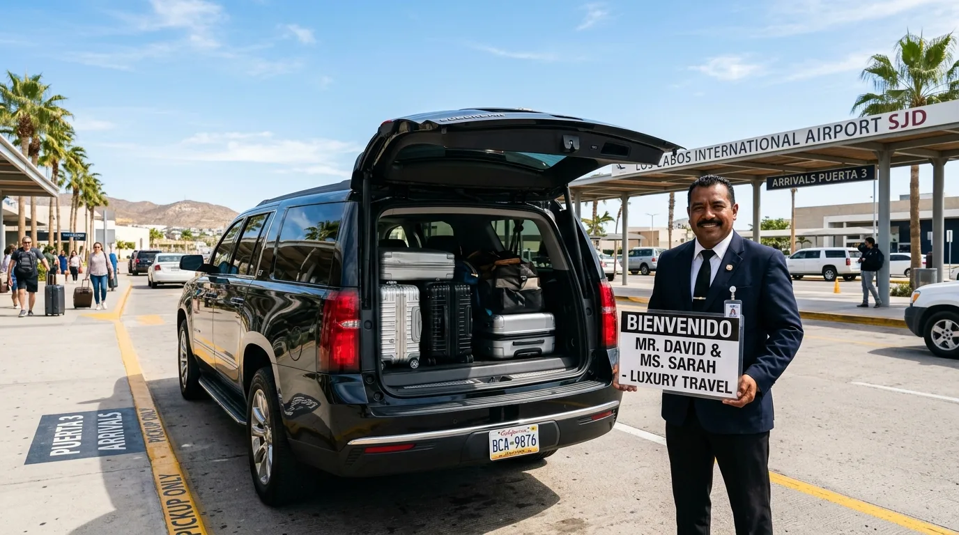 Luxury SUV airport transfer vehicle waiting at Los Cabos International Airport SJD for San Jose del Cabo transportation.