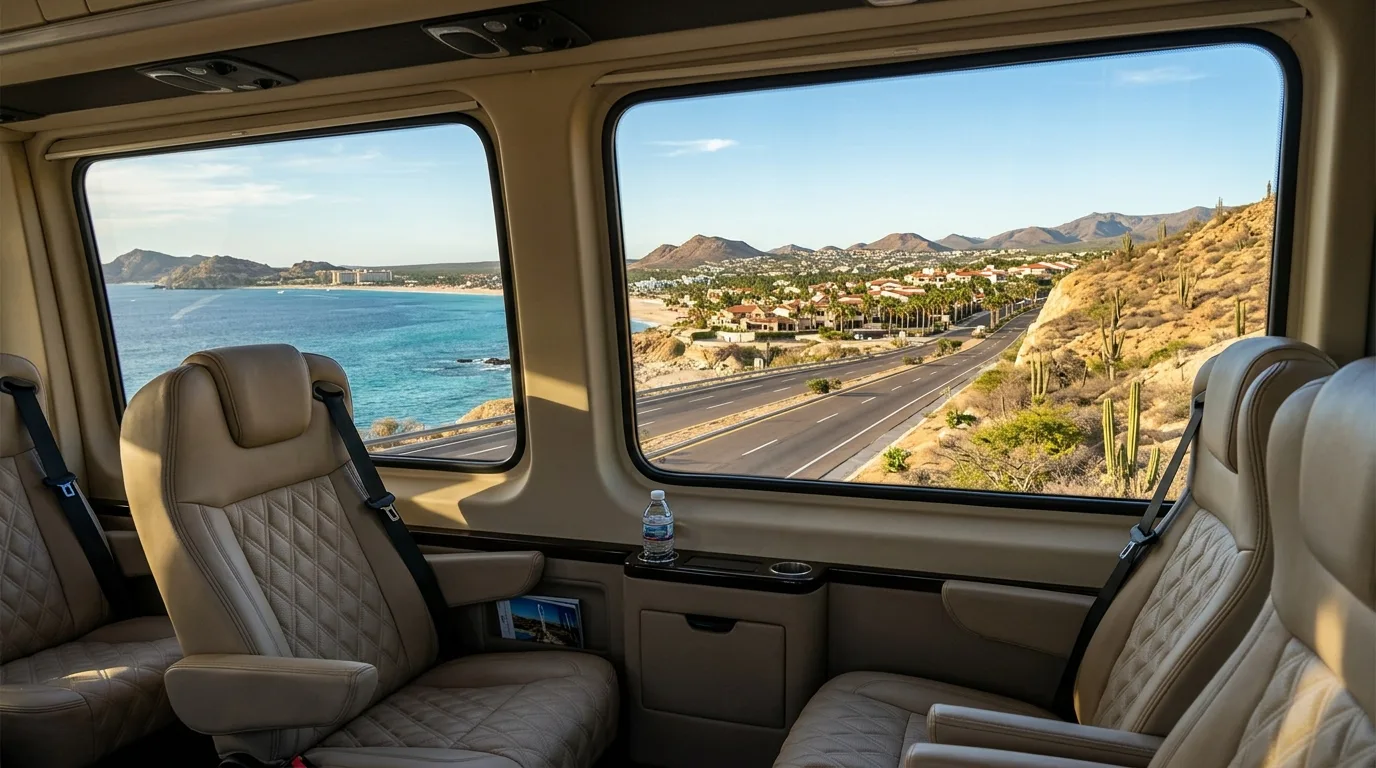 San Jose del Cabo Private Airport Shuttle Vehicle Private passenger shuttle van traveling along the ocean highway toward San Jose del Cabo.