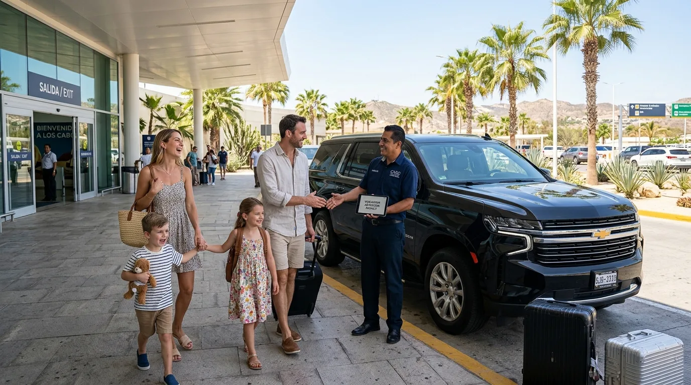 Professional chauffeur welcoming a family next to a luxury SUV at Los Cabos Airport
