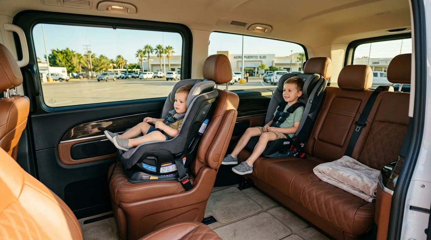 Clean private van interior equipped with child safety car seats for family travel