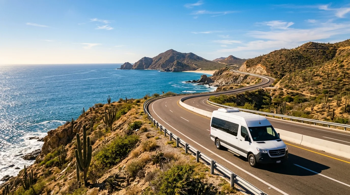 Luxury private passenger van driving along the scenic Los Cabos coastal highway