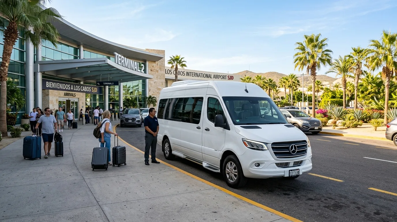 Modern executive sprinter van waiting at SJD Los Cabos airport for group travel transfers