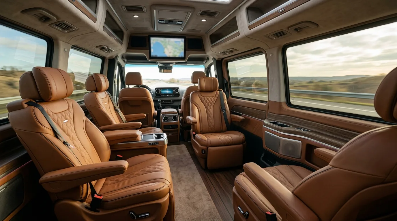 Clean spacious interior seating inside a luxury group passenger van in Los Cabos