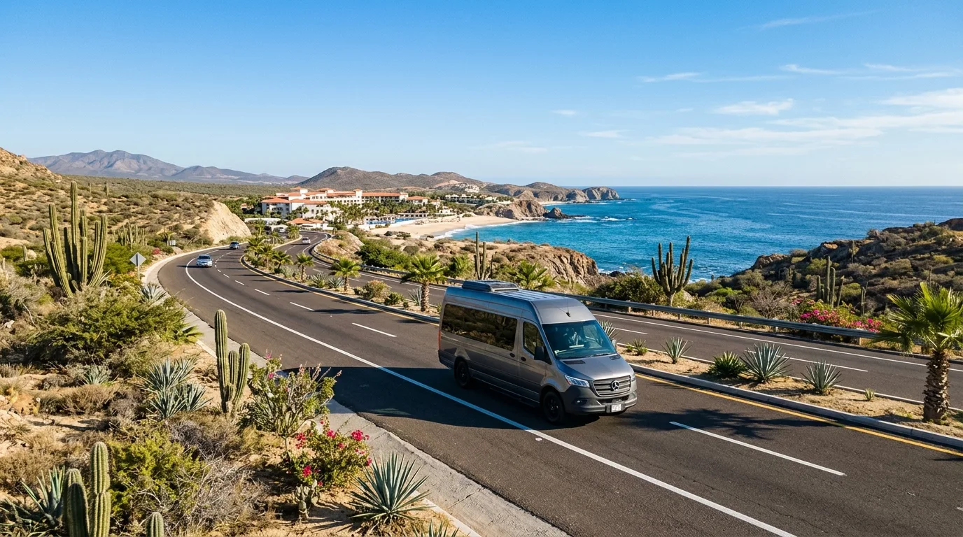 Private passenger van driving along the scenic Los Cabos coastal corridor highway