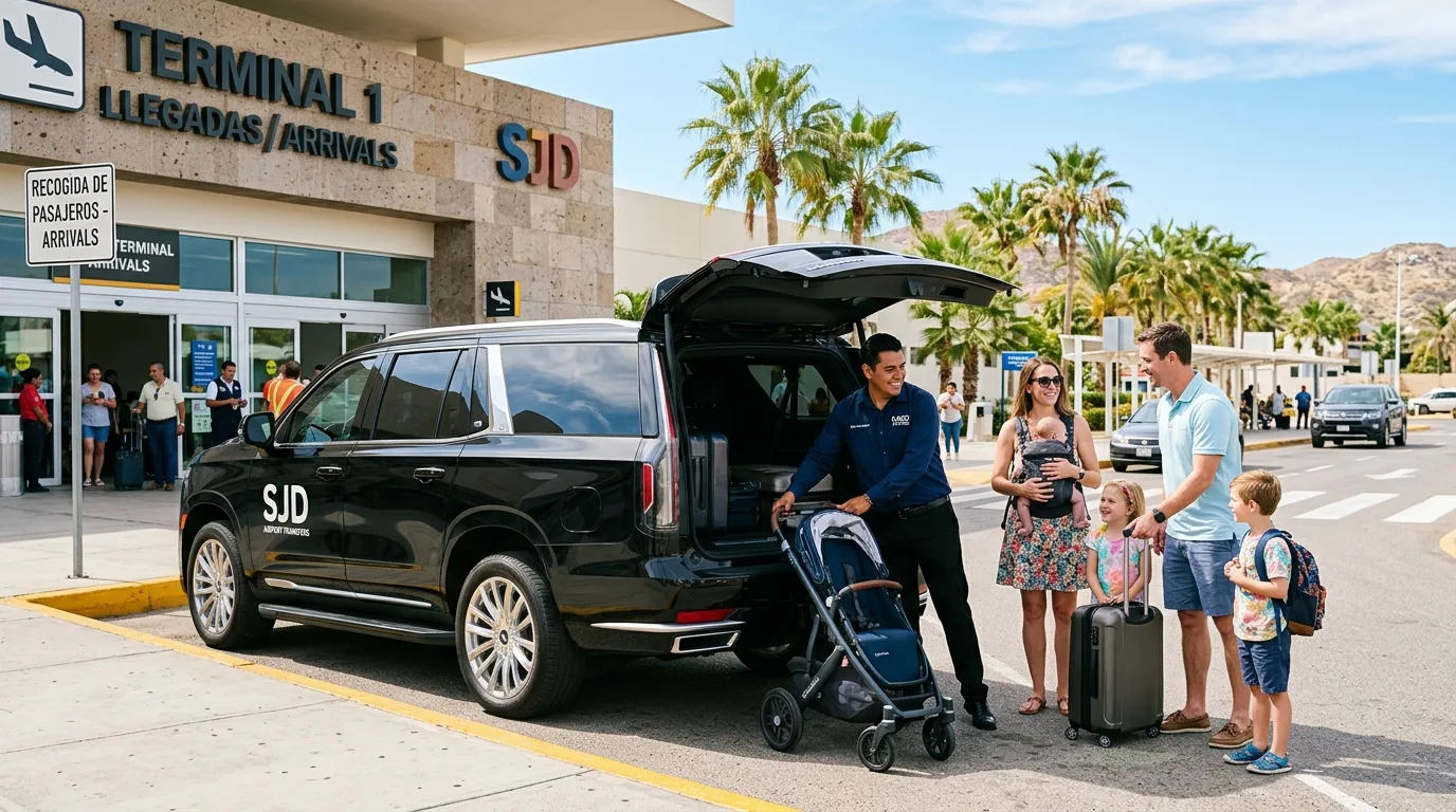 Private luxury SUV with professional driver greeting a family outside SJD airport terminal in Cabo