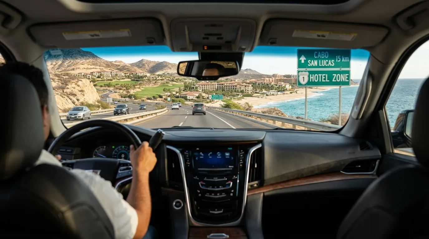 Interior of luxury private vehicle in Cabo equipped with child safety seat overlooking coastal resort scenery