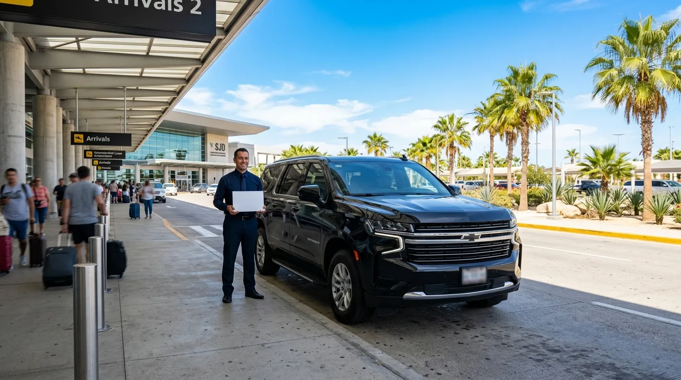 Luxury SUV parked at Los Cabos International Airport terminal ready for private Cabo San Lucas airport transfer.