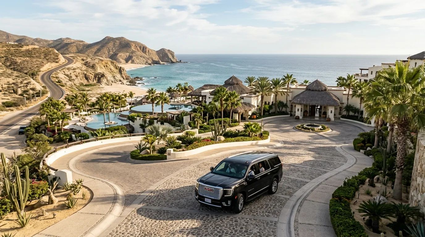 Private transport van driving along the coastal highway connecting SJD Airport to Cabo San Lucas resorts.