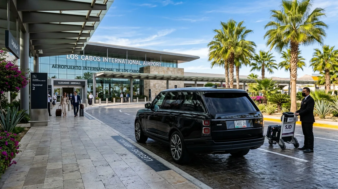 Luxury vehicle parked outside Los Cabos International Airport SJD terminal under a bright blue sunny sky.