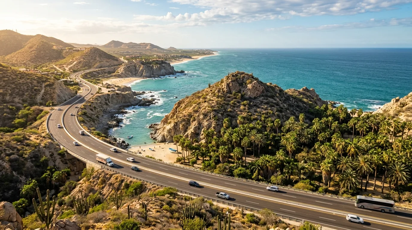 Highway Between SJD Airport and Cabo San Lucas Coastal Transpeninsular Highway connecting San Jose del Cabo and Cabo San Lucas with ocean views.