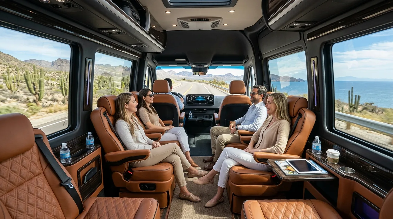 Comfortable Interior of Private Transfer SUV Interior of a luxury vehicle offering comfortable seating for airport passengers in Los Cabos.