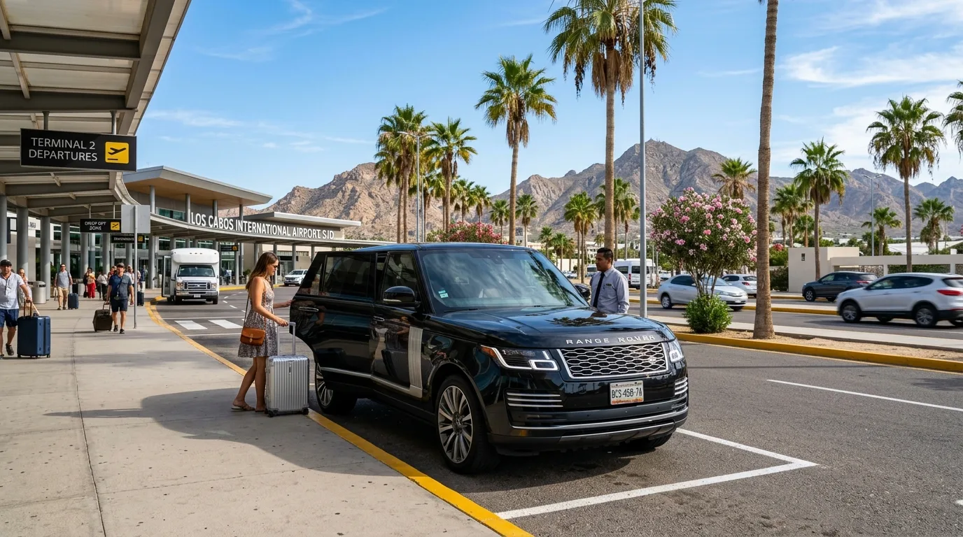 Luxury black private airport SUV parked in sunny Los Cabos destination.