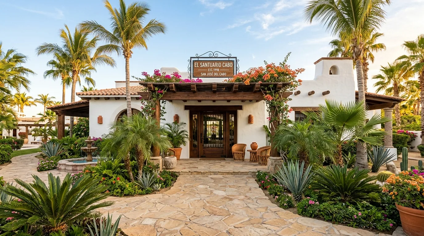 Los Cabos Resort Entrance Arrival Point Entrance to a resort in Los Cabos with palm trees and natural stone paving.