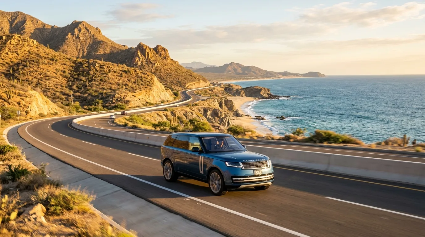 Luxury private transport SUV driving along the scenic Los Cabos coastal highway during sunset