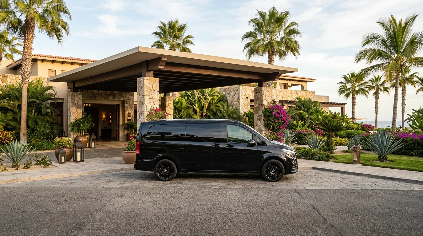 Private luxury airport transfer van waiting at a luxury resort entrance in Los Cabos