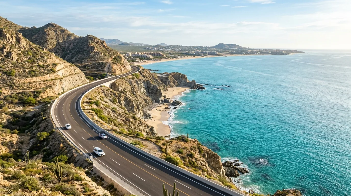 Scenic coastal highway in Los Cabos connecting SJD Airport to Cabo San Lucas resorts