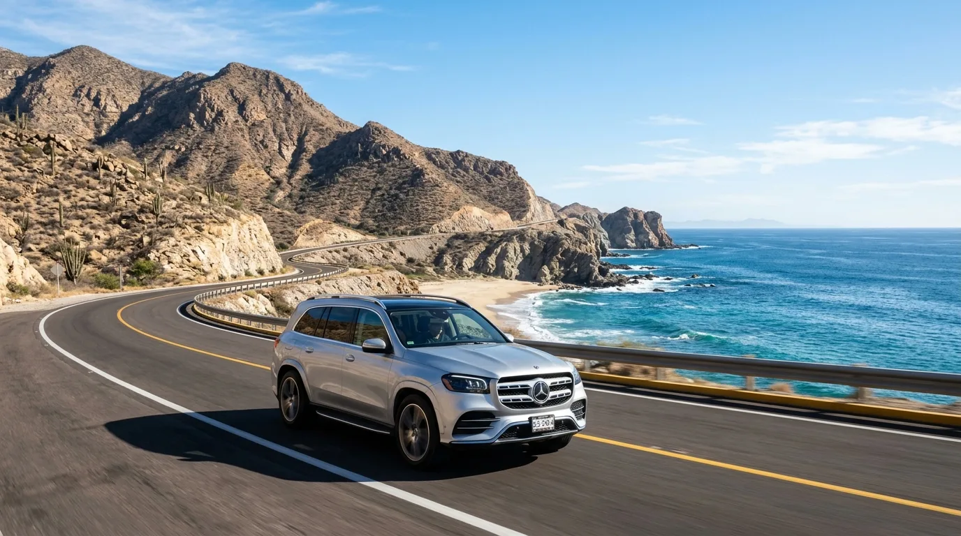 A luxury SUV traveling along the coastal highway in Los Cabos with ocean views.