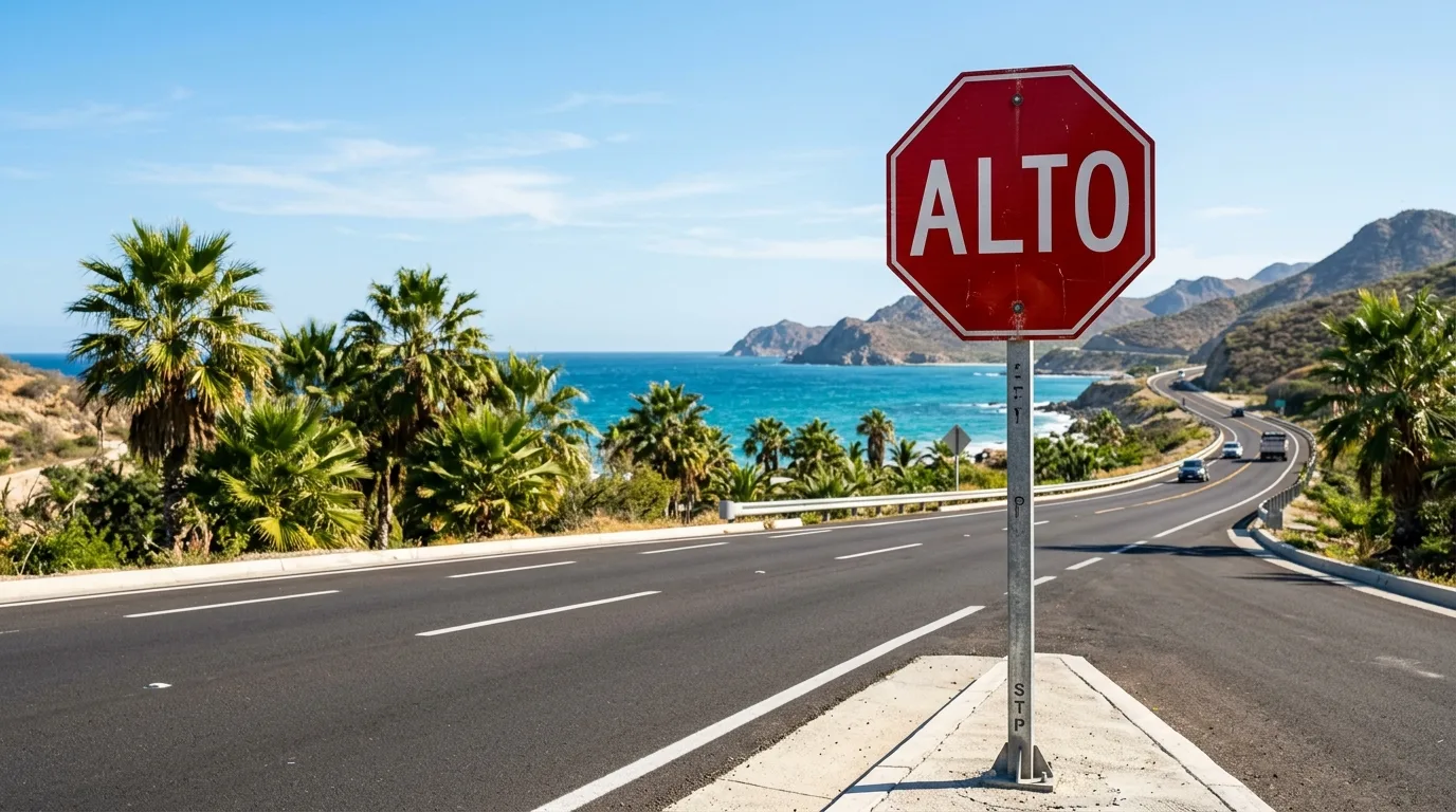 A Mexican stop sign showing ALTO along a palm-lined street in Cabo San Lucas.