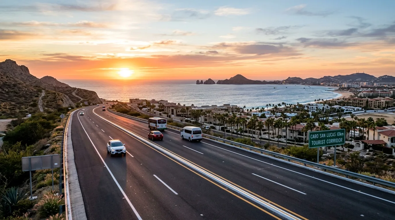 The Tourist Corridor highway in Los Cabos during golden hour sunset.