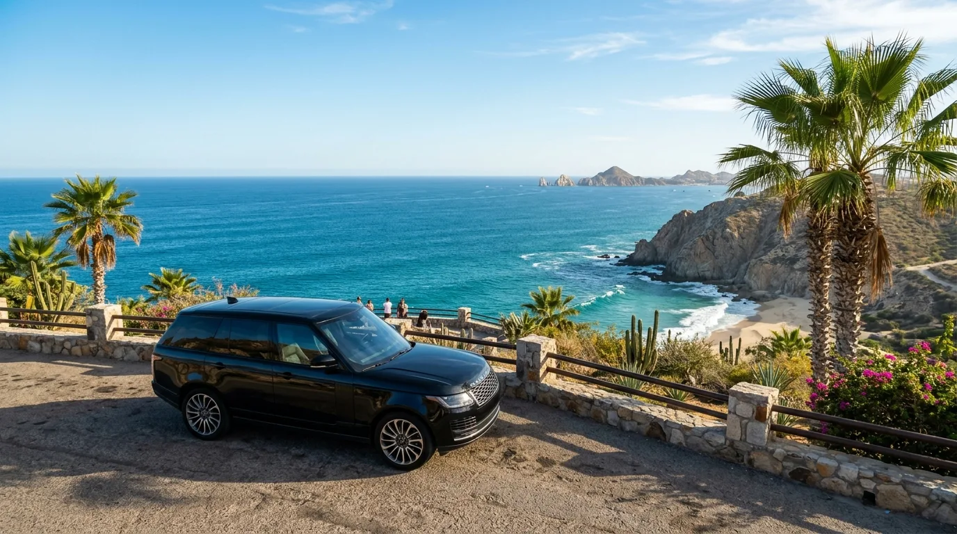 Luxury SUV parked near scenic coastline on the highway between SJD airport and Cabo San Lucas resorts.