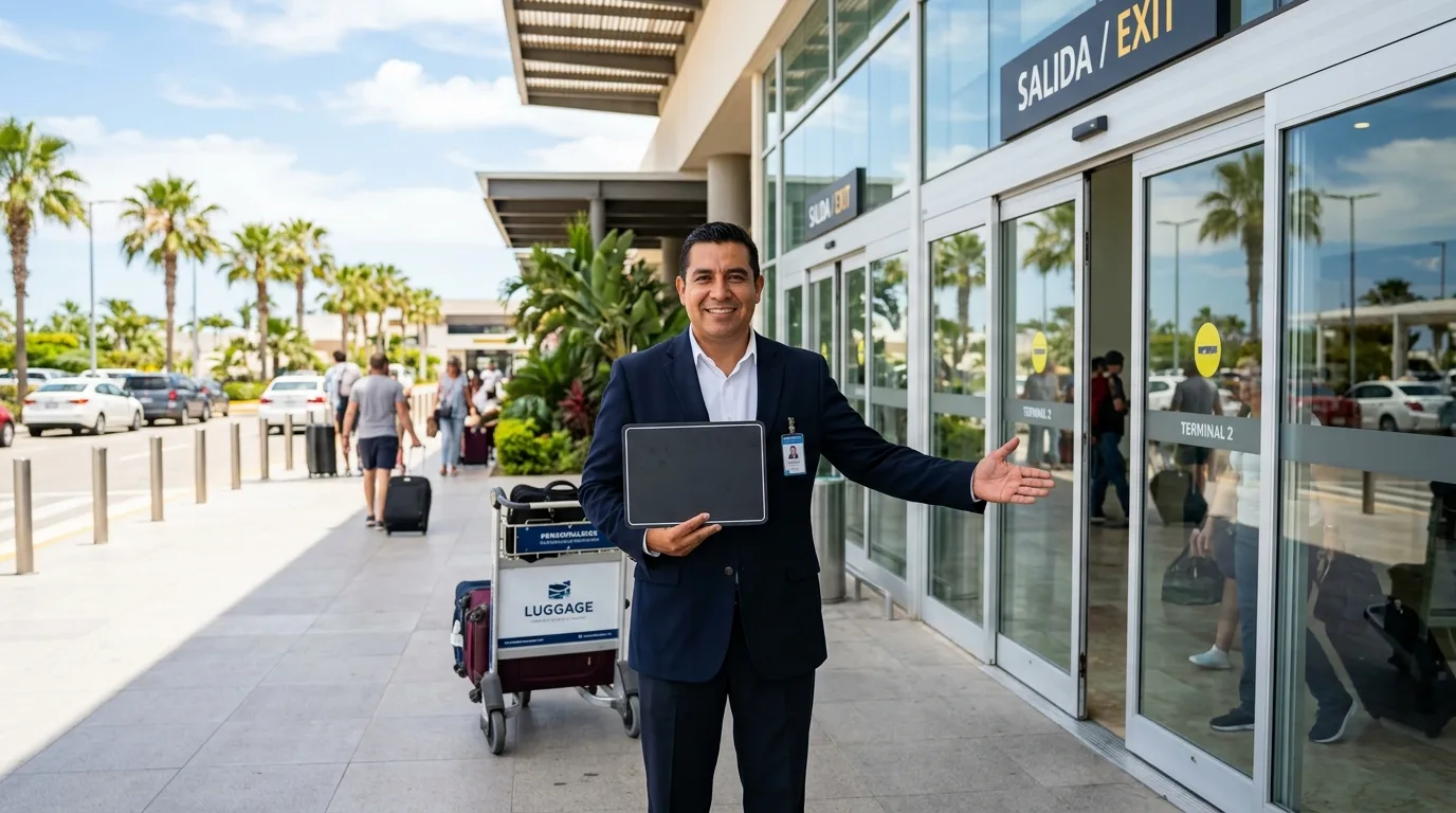 Professional driver waiting outside the modern arrival exit of Los Cabos International Airport terminal.