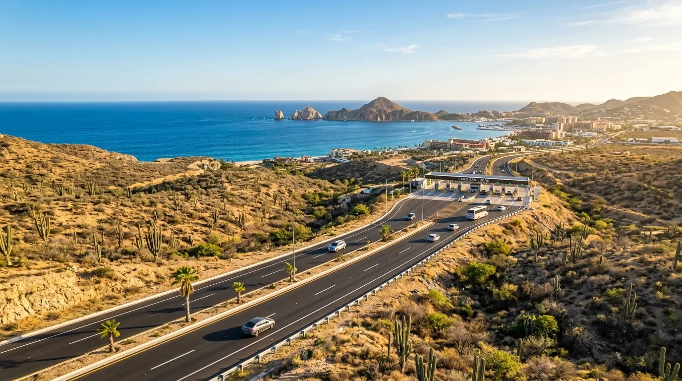 Open highway toll road winding along the desert landscape and ocean toward Cabo San Lucas resorts.