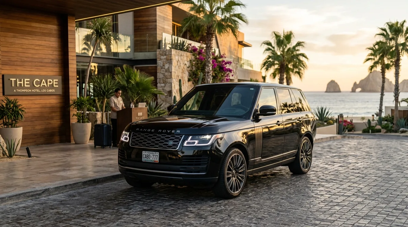 Luxury SUV parked at a Los Cabos luxury resort entrance illustrating private Cabo San Lucas transportation options.