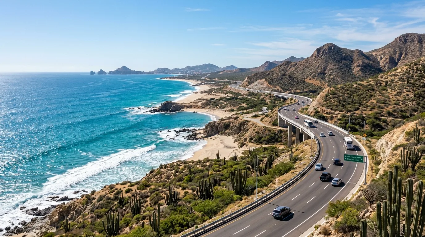 Scenic view of the Tourist Corridor coastal highway connecting San Jose del Cabo and Cabo San Lucas.