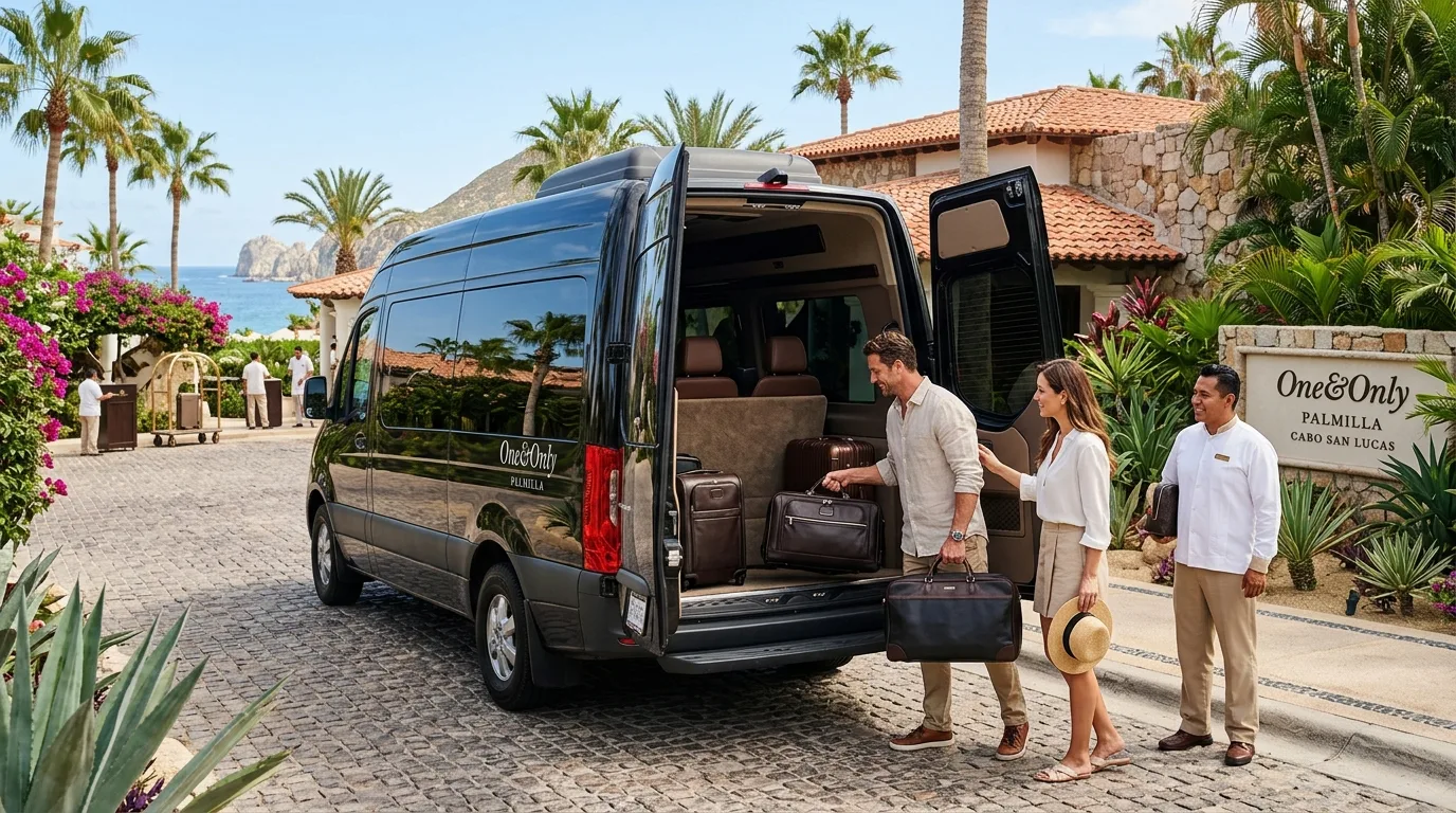 Travelers loading luggage into a private passenger van for resort transit in Cabo San Lucas.