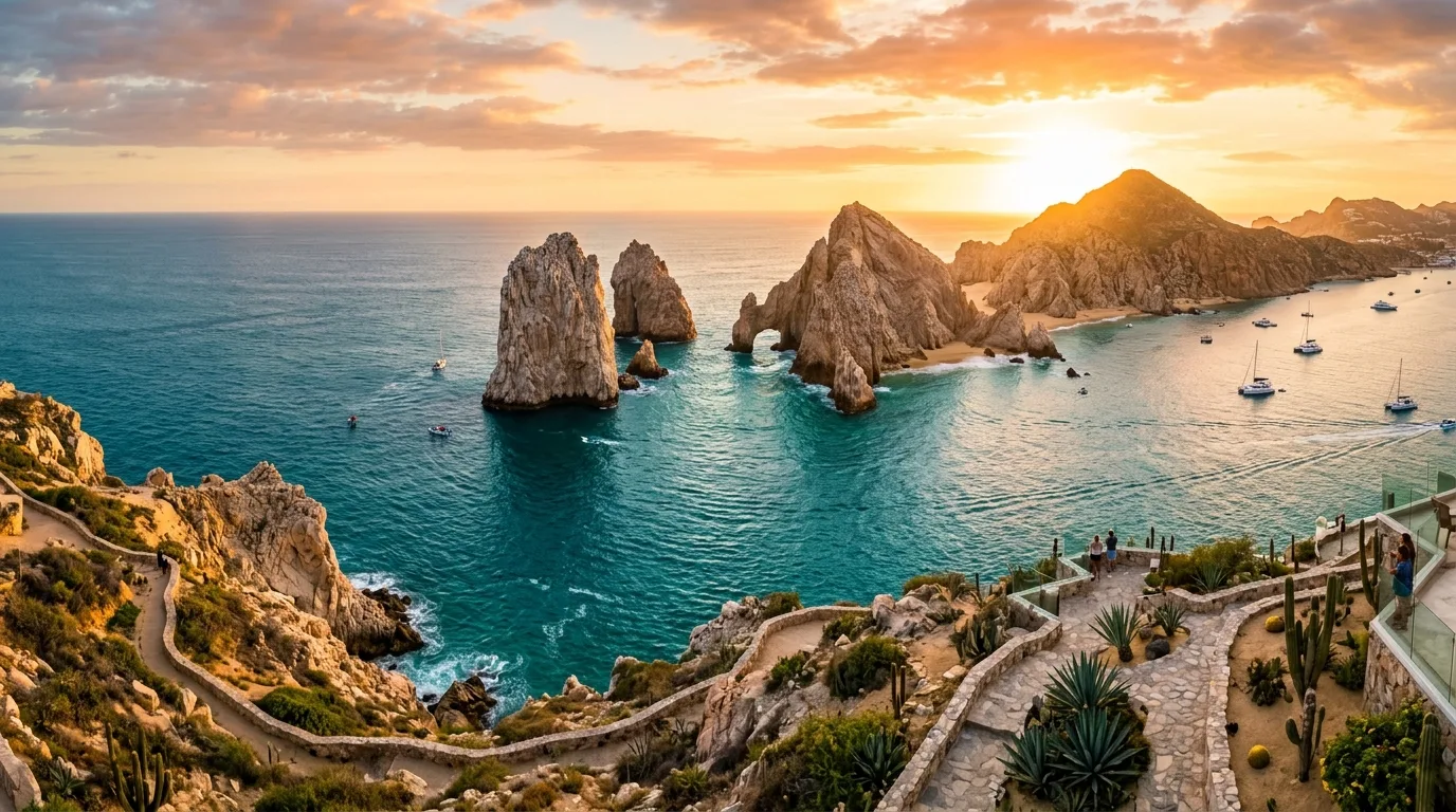 Golden hour view of El Arco natural rock arch in Cabo San Lucas Mexico