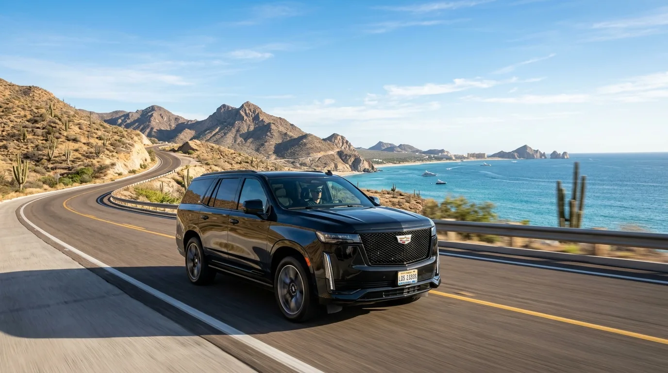 Luxury SUV private transfer driving on a scenic highway in Los Cabos towards Cabo San Lucas with ocean views.